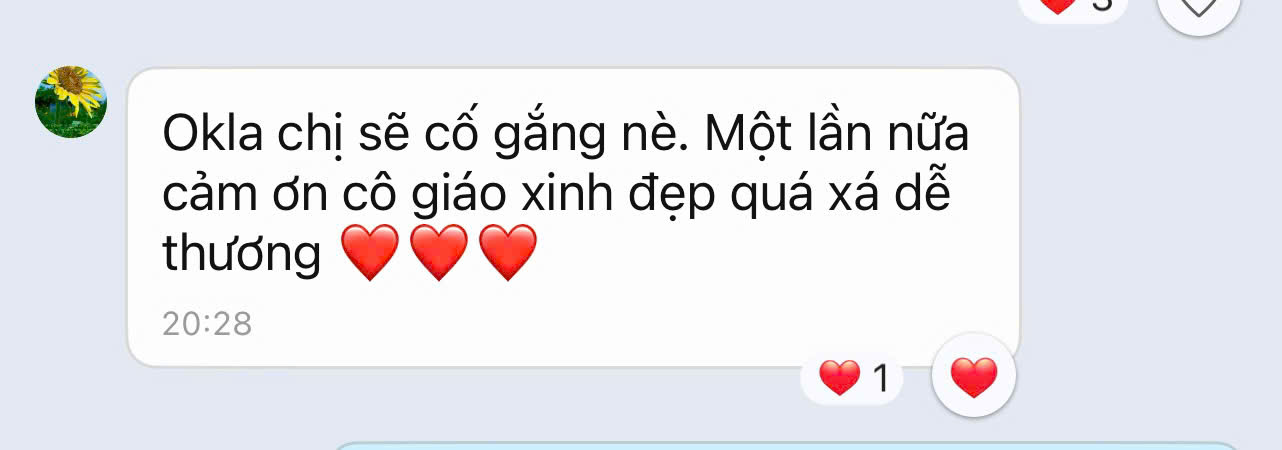 Ảnh chụp lời nhắn cảm nhận của học viên Kim Chi